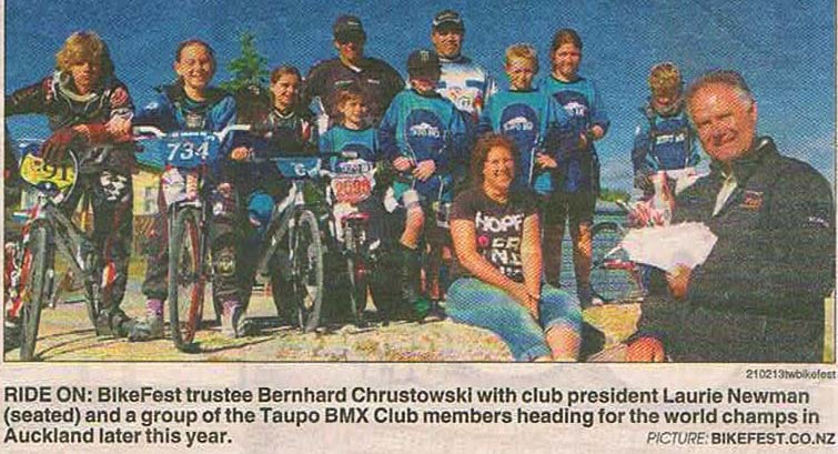 RIDE ON: BIkeFest trustee Bernhard ChrustowskI with club president Laurie Newman (seated) and a group of the Taupo BMX Club members heading for the world champs in Auckland later this year.
