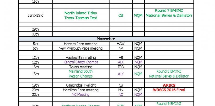 2016-2017 BMXNZ Race Calendar